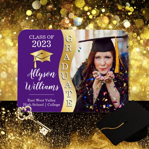 Purple  Gold Graduate Wave Grad Cap Photo Magnet