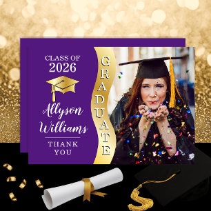 Purple   Gold Graduate Wave Grad Cap Photo Thank You Card