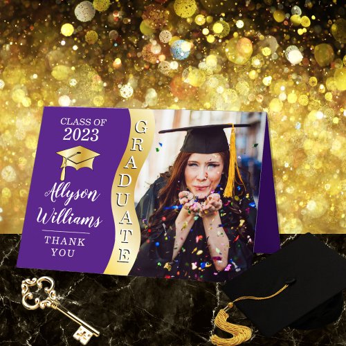 Purple  Gold Graduate Wave Grad Cap Photo Thank You Card