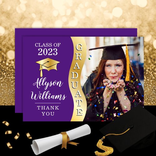 Purple  Gold Graduate Wave Grad Cap Photo Thank You Card