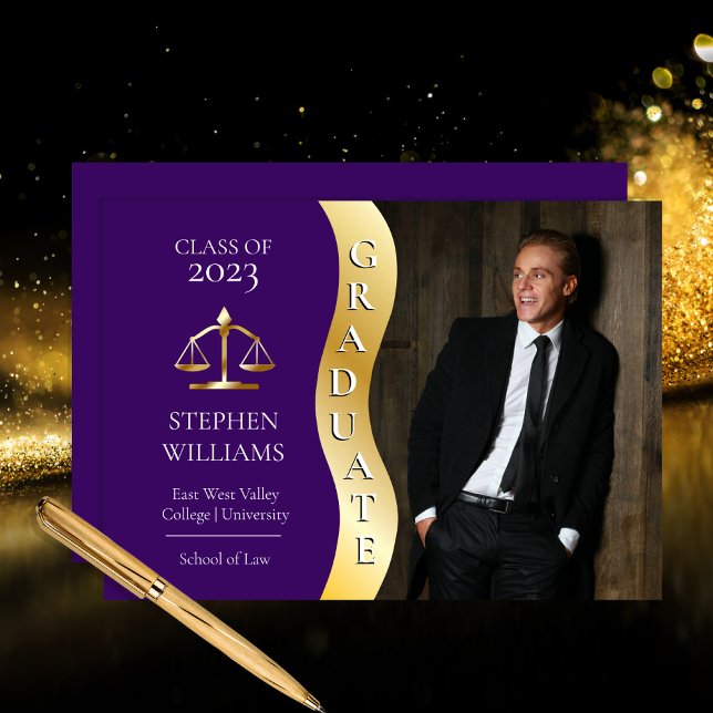Purple | Gold Graduate Wave Law Justice Grad Announcement (Creator Uploaded)