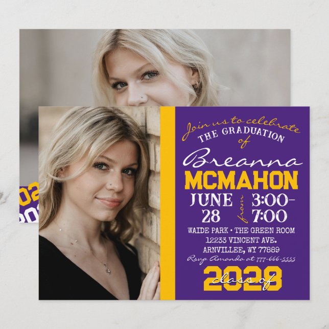 Purple & Gold Graduation 2 Photo Invitation (Front/Back)
