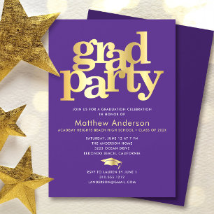 Purple Gold Graduation Cap Bold Typography Minimal Invitation