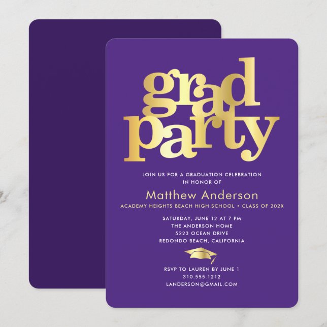 Purple Gold Graduation Cap Bold Typography Minimal Invitation (Front/Back)