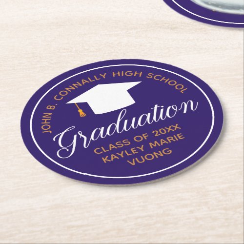 Purple Gold Graduation Custom Name School 2024 Round Paper Coaster