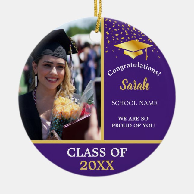 Purple Gold Graduation Custom Photo Class Of 2025 Ceramic Ornament (Front)