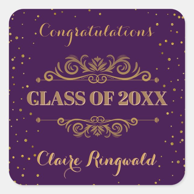 Purple Gold Graduation Party Favor Congratulations Square Sticker (Front)