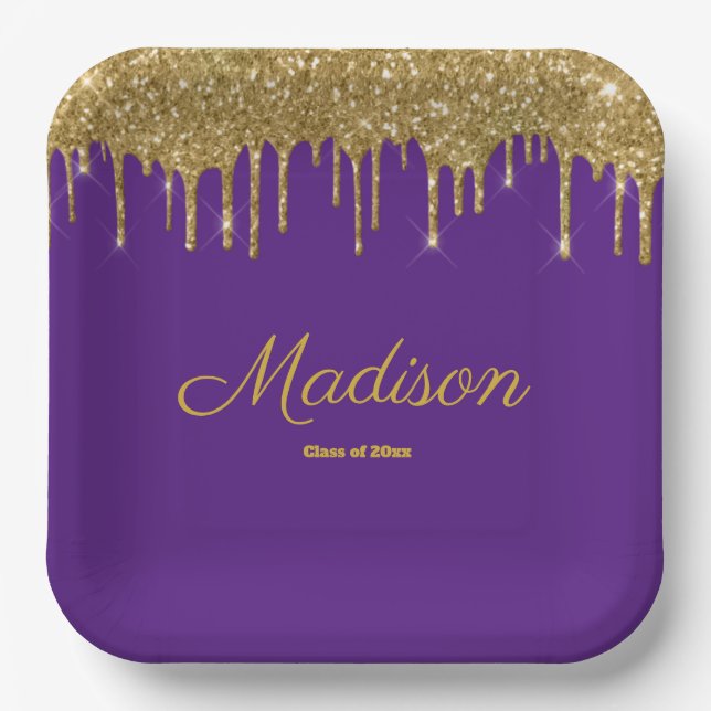 Purple & Gold Graduation Party Grad Class of 2024 Paper Plates (Front)
