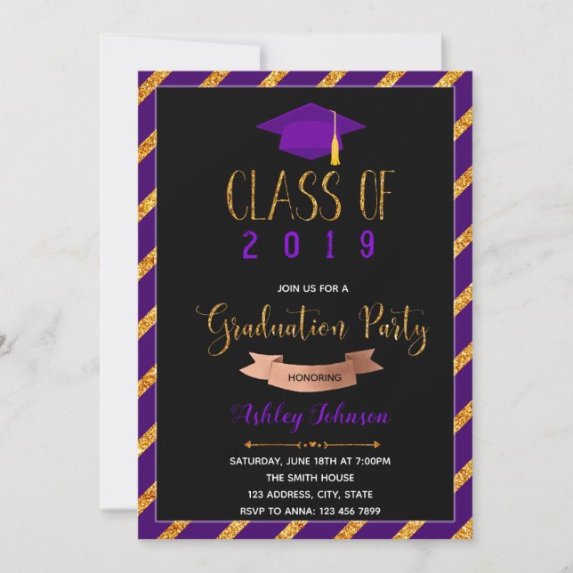 Purple gold graduation party invitation (Front)