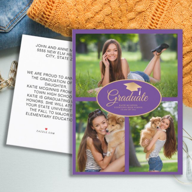 Purple Gold Graduation Photo Class 2024 Announcement Postcard (Purple and gold graduation cap  announcement photo card)