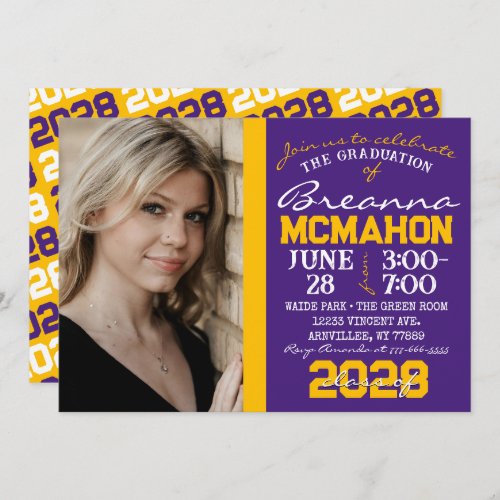 Purple  Gold Graduation Photo Invitation