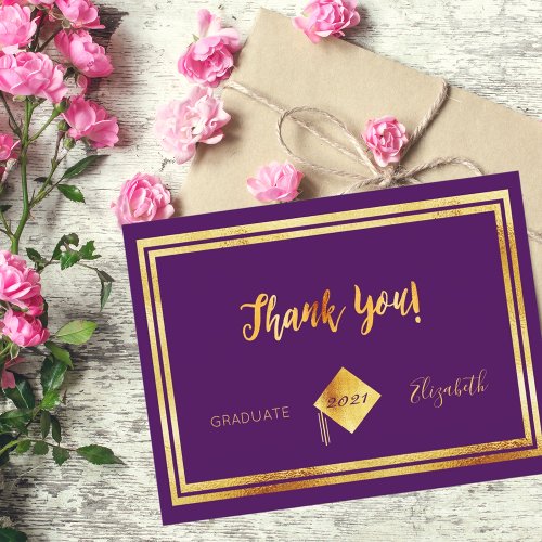 Purple gold graduation thank you card