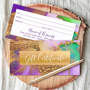 Purple Gold Green Aqua Watercolor Gift Certificate