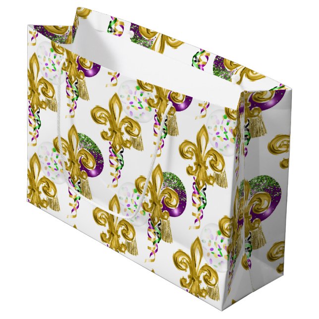 PURPLE GOLD GREEN MARDI GRAS FLEUR DE LIS LARGE GIFT BAG (Front Angled)