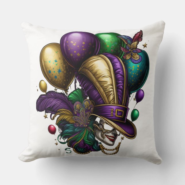 PURPLE GOLD GREEN MARDI GRAS HAT MASK BALLOONS THROW PILLOW (Front)