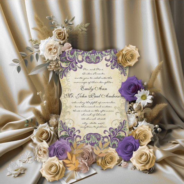 Purple Gold & Green Peacock Wedding Invitations (Creator Uploaded)