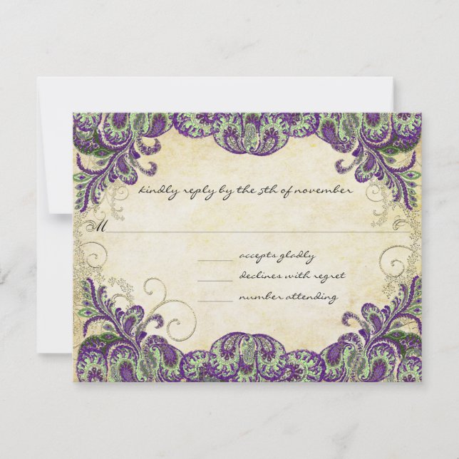 Purple Gold & Green Peacock Wedding RSVP (Front)