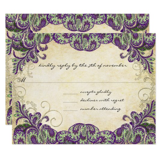 Purple Gold & Green Peacock Wedding RSVP Card