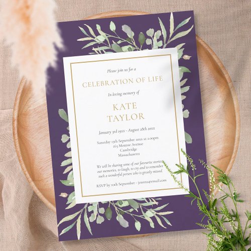 Purple Gold Greenery Funeral Celebration of Life Invitation