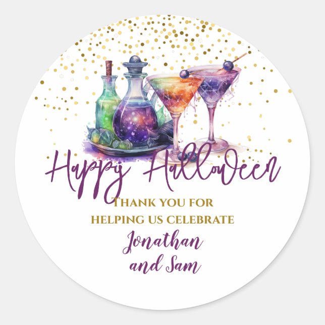 Purple Gold Halloween Party Potions Classic Round Sticker (Front)
