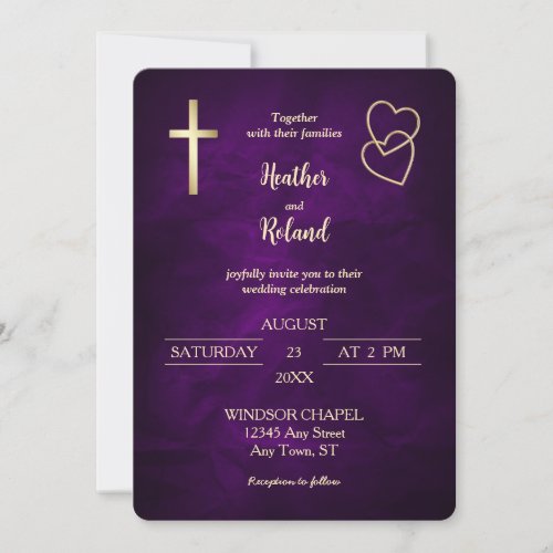 Purple Gold Hearts Christian Cross Wedding  Invitation