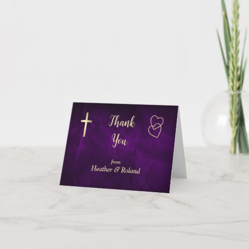 Purple Gold Hearts Christian Cross Wedding Thank You Card