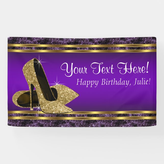 Purple Gold High Heel Birthday Party Banner (Horizontal)