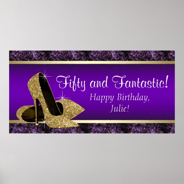 Purple Gold High Heel Birthday Party Banner Poster (Front)