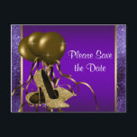 Purple Gold High Heel Shoe Save The Date Announcement Postcard<br><div class="desc">Pretty purple and gold high heel shoe birthday party save the date postcards. You can easily customize this purple save the date postcard for your event by adding your details to the front and back in the font style and color and wording of your choice. You can also change the...</div>