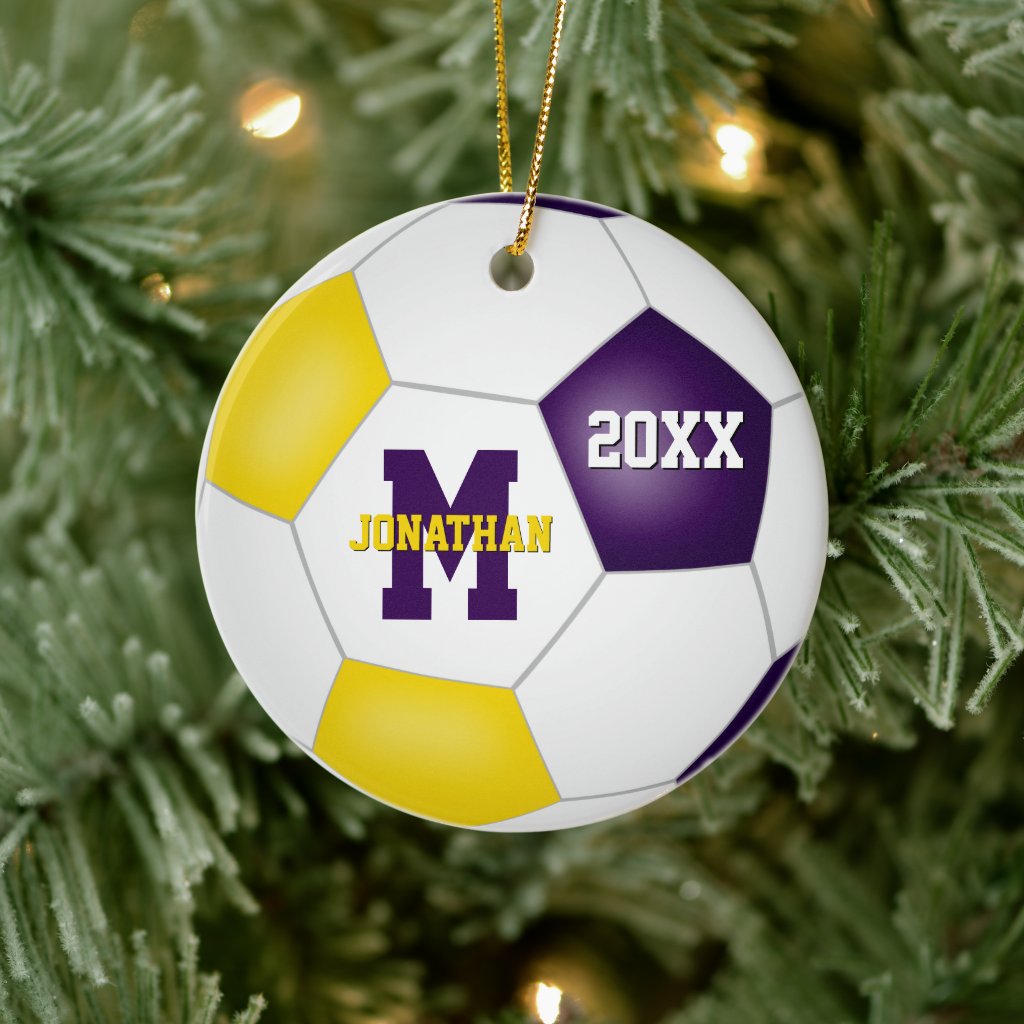 purple gold his her school team colors soccer ornament