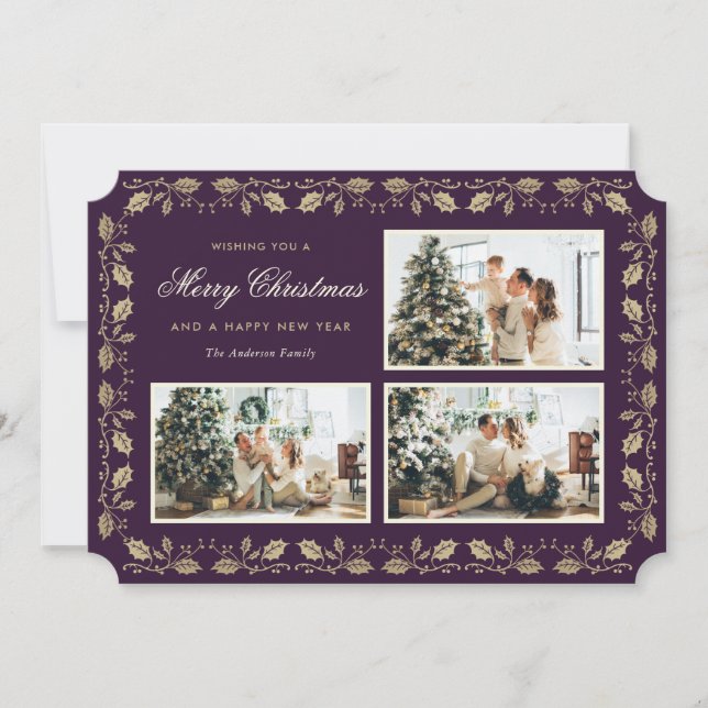 Purple Gold Holly Family 3 Photo Christmas Holiday Card (Front)