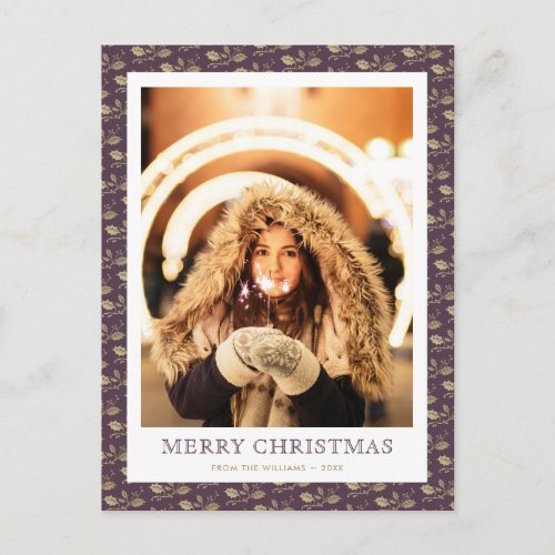 Purple Gold Holly Merry Christmas Photo Holiday Postcard