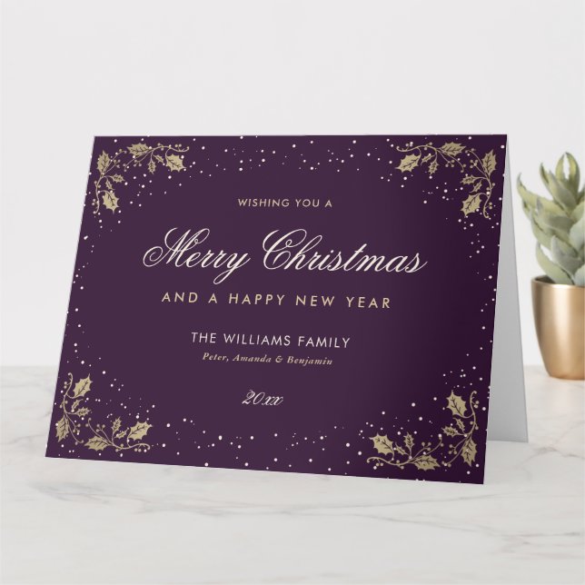 Purple Gold Holly Snow Photo Holiday Card (Small Plant)