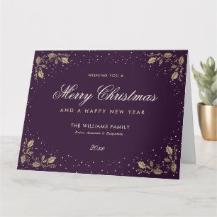 Purple Gold Holly Snow Photo Holiday Card