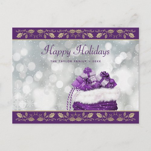 Purple Gold Holly Snowy Christmas Holiday Postcard