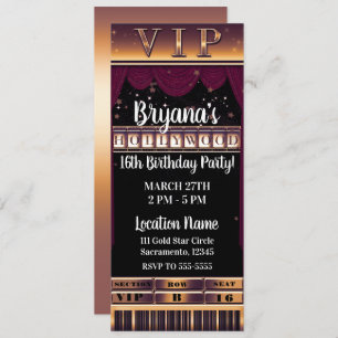 Purple Gold HOLLYWOOD Birthday Party VIP Ticket Invitation