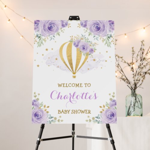 Purple Gold Hot Air Balloon Floral Welcome Baby Foam Board