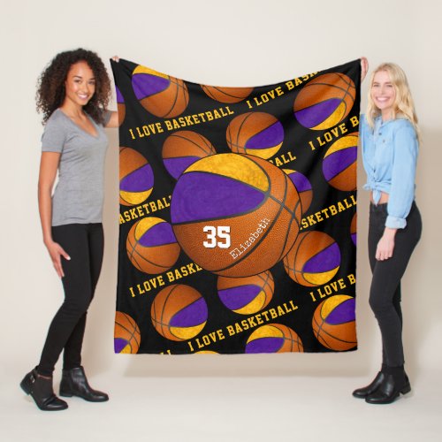 purple gold I love basketball girls team colors Fleece Blanket