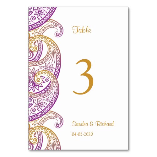 Purple  Gold Indian Paisley Wedding Table Number