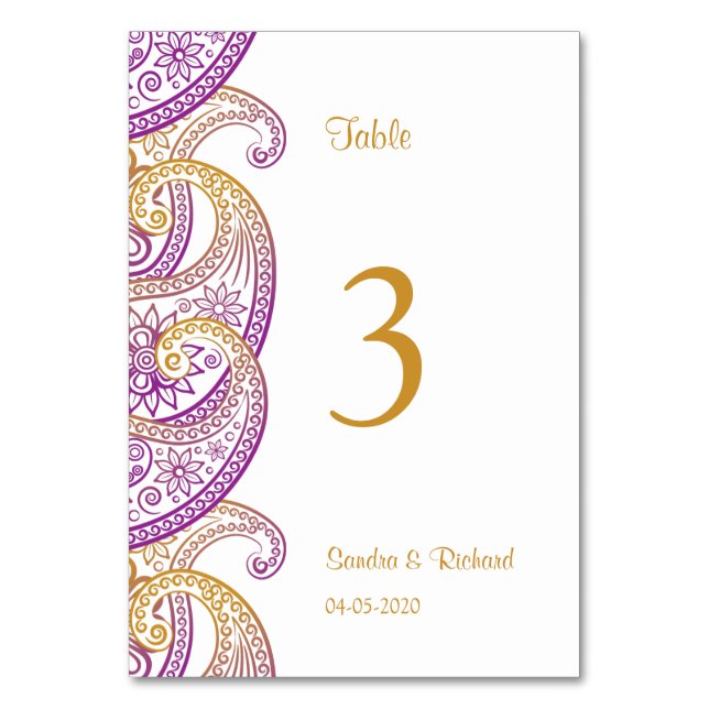 Purple & Gold Indian Paisley Wedding Table Number (Front)