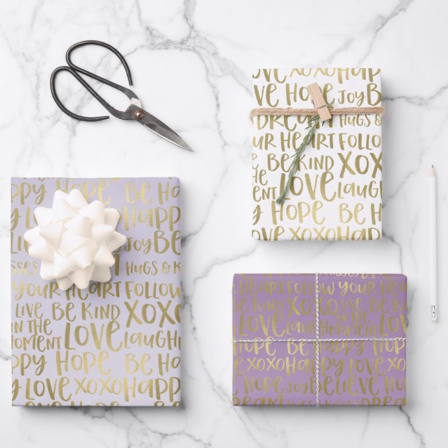 Purple Gold Inspirational Words Wrapping Paper Sheets (Front)