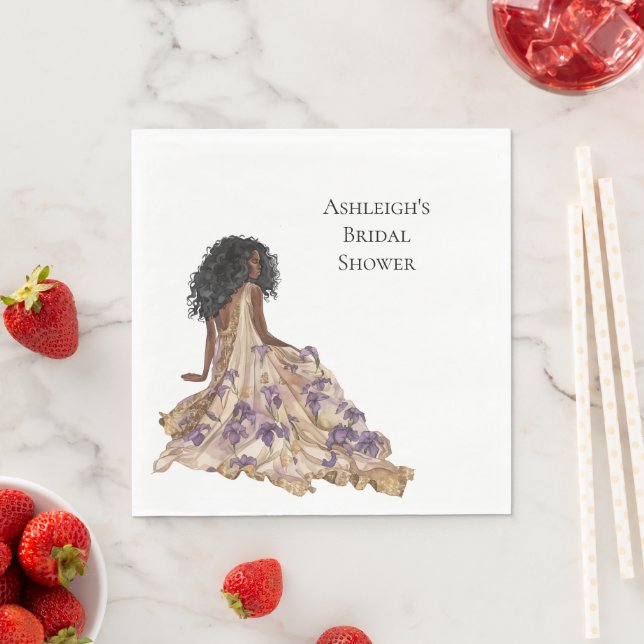 Purple Gold Iris Floral Bridal Shower Black Woman Napkins (Insitu)