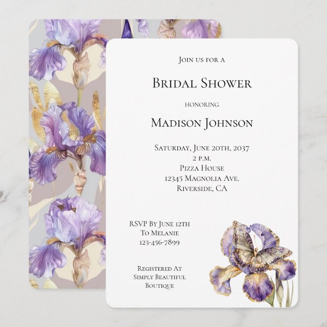 Purple Gold Iris Floral Butterfly Bridal Shower Invitation (Front/Back)