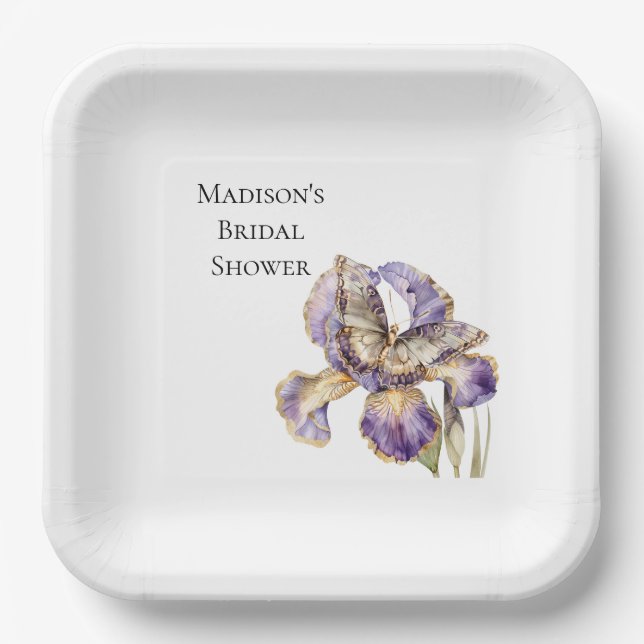 Purple Gold Iris Floral Butterfly Bridal Shower Paper Plates (Front)