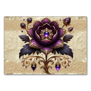 Purple & Gold Jeweled Floral Table Number Card