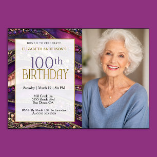 Purple Gold Jeweled Strata 100th Birthday Photo Invitation