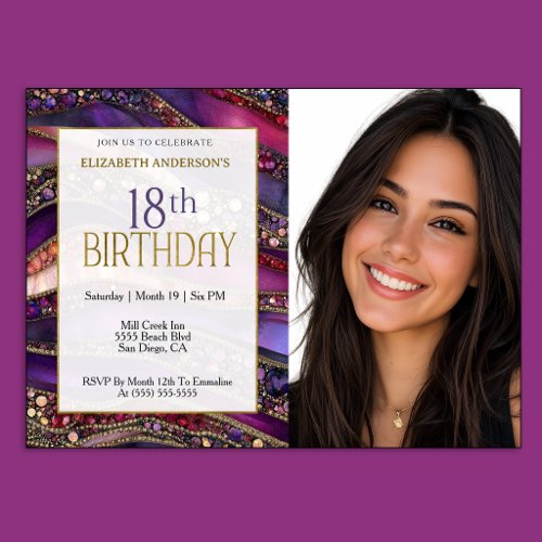 Purple Gold Jeweled Strata 18th Birthday Photo Invitation