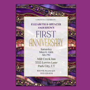 Purple Gold Jeweled Strata 1st Wedding Anniversary Invitation