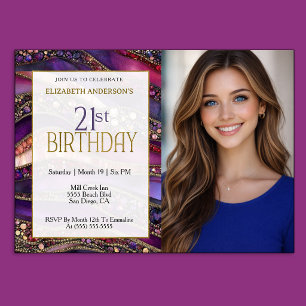 Purple Gold Jeweled Strata 21st Birthday Photo Invitation