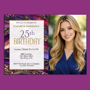 Purple Gold Jeweled Strata 25th Birthday Photo Invitation